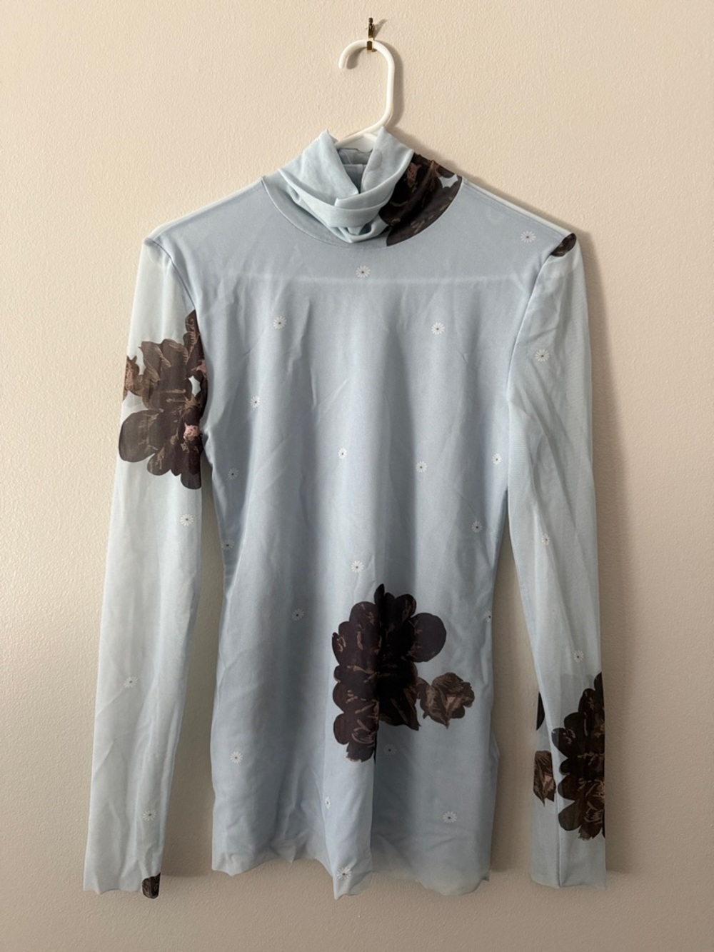 Ganni Light Blue Sheer Back Floral Turtleneck Top